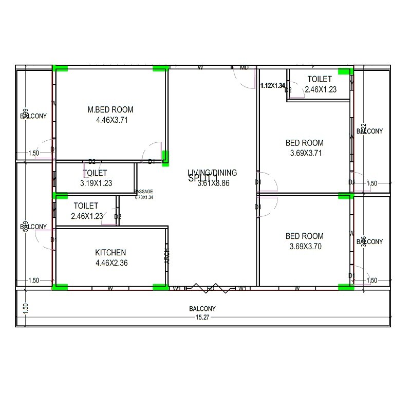 Floor plan of 3 BHK 1752 Sq. Ft. Apartment in Shree Jaya Sai Dharshan Residency, Vizag