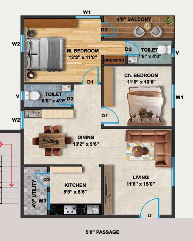 Floor plan of 2 BHK 1140 Sq. Ft. Apartment in Shree Skyline Heights, Vizag
