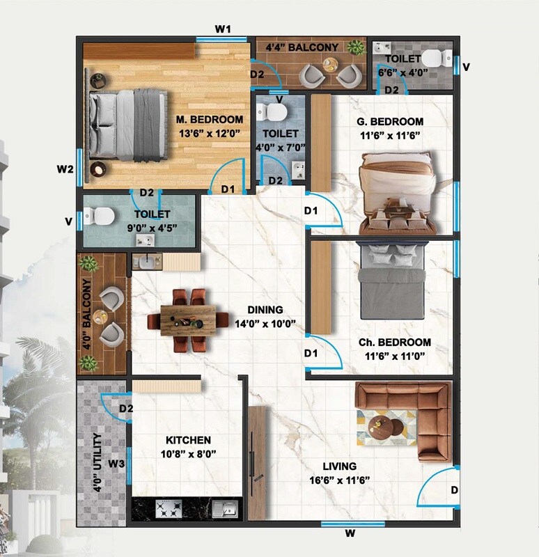 Floor plan of 3 BHK 1530 Sq. Ft. Apartment in Shree Skyline Heights, Vizag