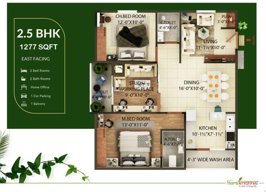 2 BHK 1277 Sq. Ft. Apartment in Simhadri Hare Krishna