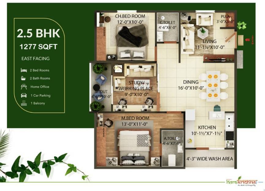 Floor plan of 2 BHK 1277 Sq. Ft. Apartment in Simhadri Hare Krishna, Vizag