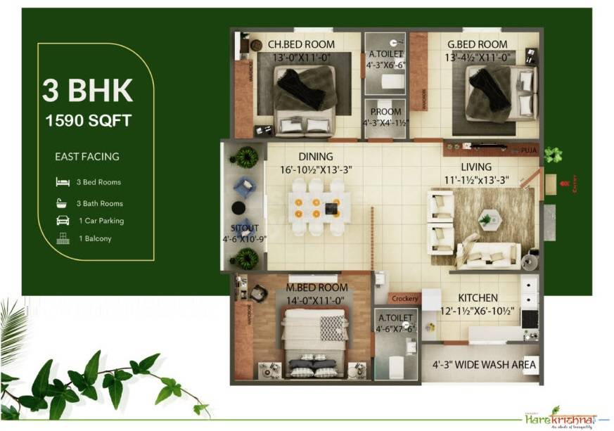 Floor plan of 3 BHK 1590 Sq. Ft. Apartment in Simhadri Hare Krishna, Vizag