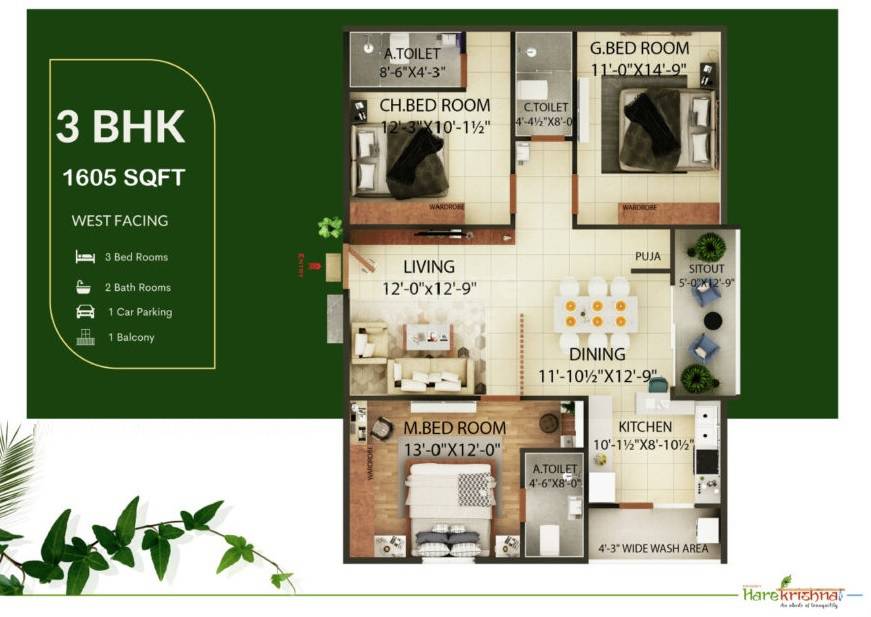 Floor plan of 3 BHK 1605 Sq. Ft. Apartment in Simhadri Hare Krishna, Vizag