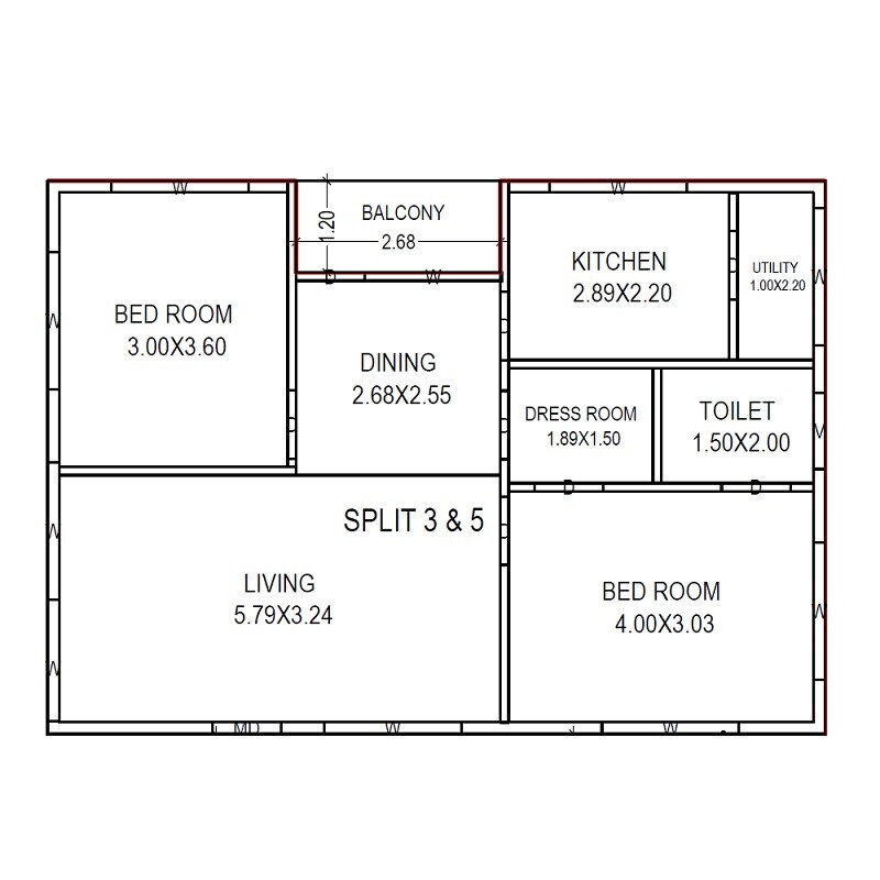 Floor plan of 2 BHK 1050 Sq. Ft. Apartment in Simhadri Hill Crest, Vizag
