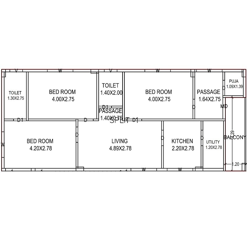 Floor plan of 3 BHK 1119 Sq. Ft. Apartment in Simhadri Residency, Vizag