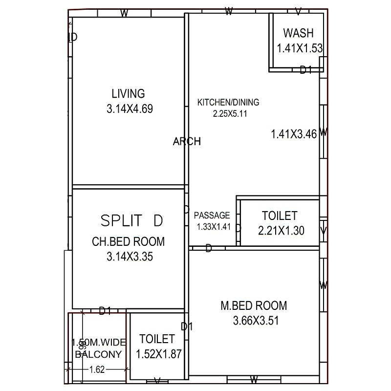 Floor plan of 2 BHK 1006 Sq. Ft. Apartment in Simhadri Sri Kurma, Vizag
