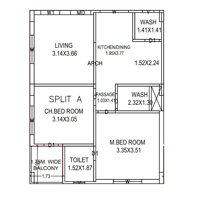 Floor plan of 2 BHK 705 Sq. Ft. Apartment in Simhadri Sri Kurma, Vizag