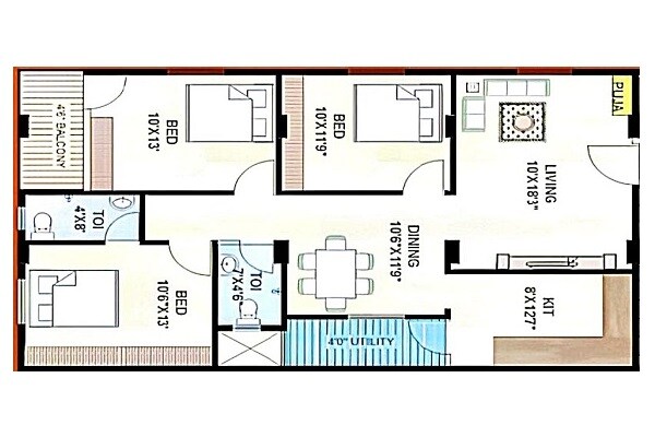 Floor plan of 3 BHK 1400 Sq. Ft. Apartment in DKML Krishna Chandra Paradise, Vizag