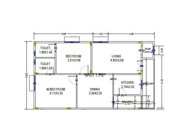 Floor plan of 2 BHK Apartment - 677 sq. ft. in SK Happy Homes, Vizag