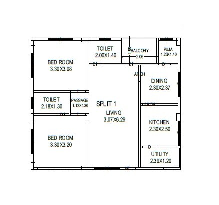 Floor plan of 2 BHK Apartment - 726 sq. ft. in SKS SD Residency, Vizag