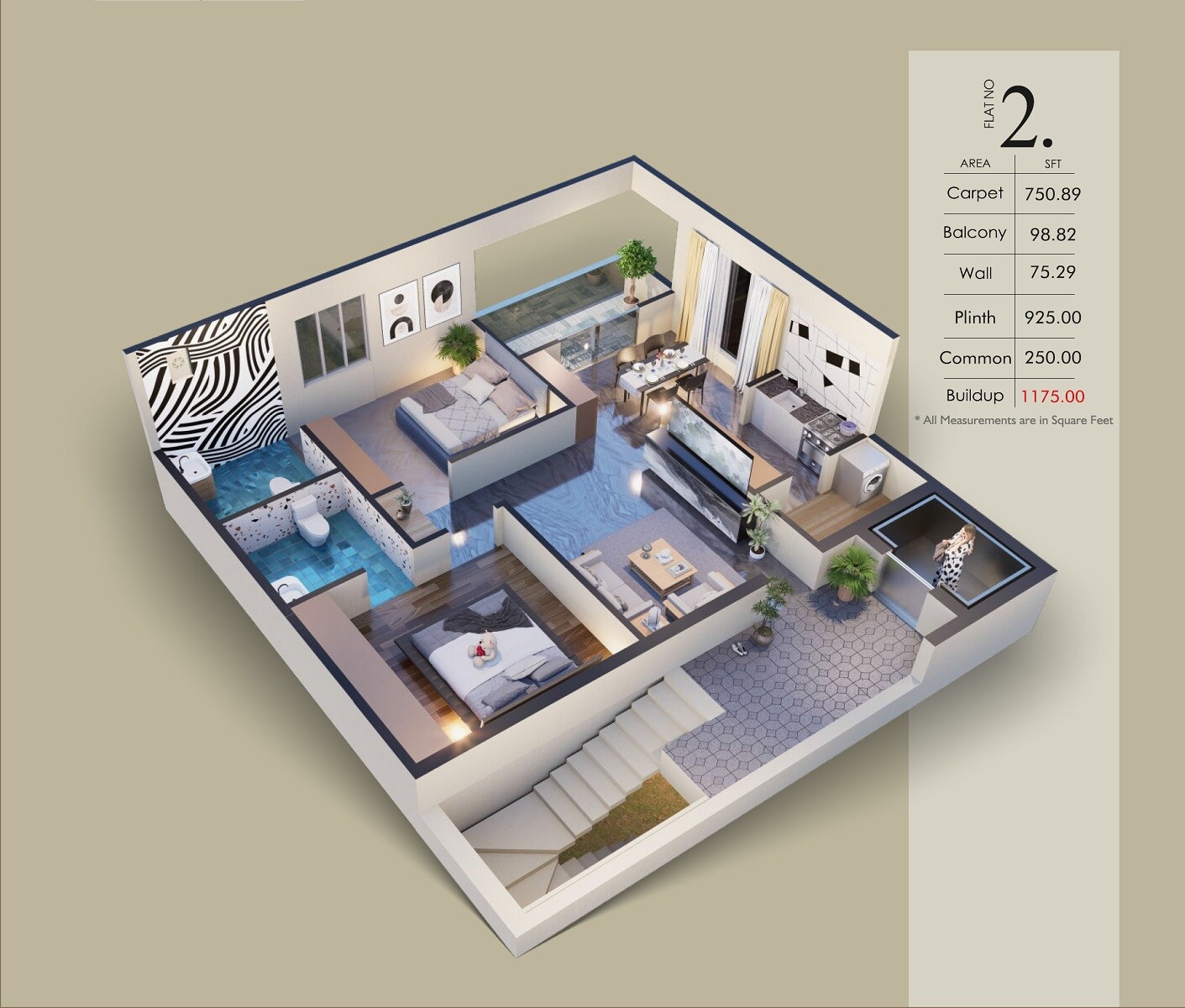 Floor plan of 2 BHK 1175 Sq. Ft. Apartment in Sky Hill View, Vizag