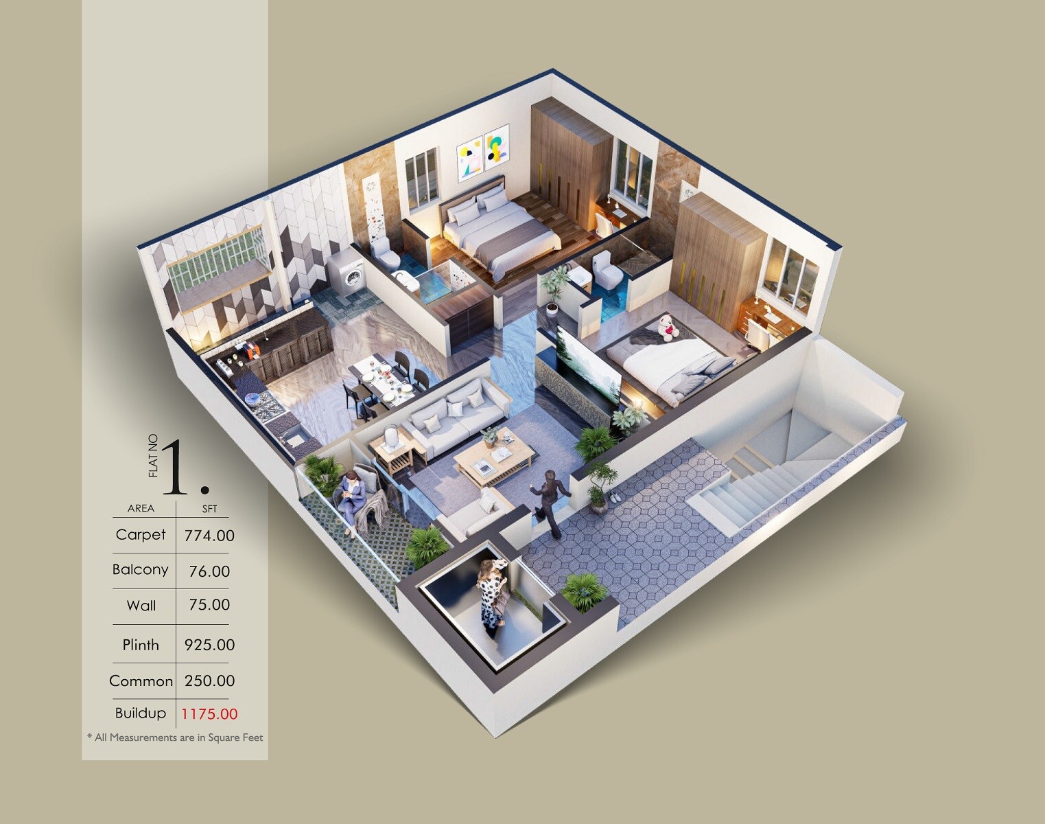 Floor plan of 2 BHK 1175 Sq. Ft. Apartment in Sky Hill View, Vizag