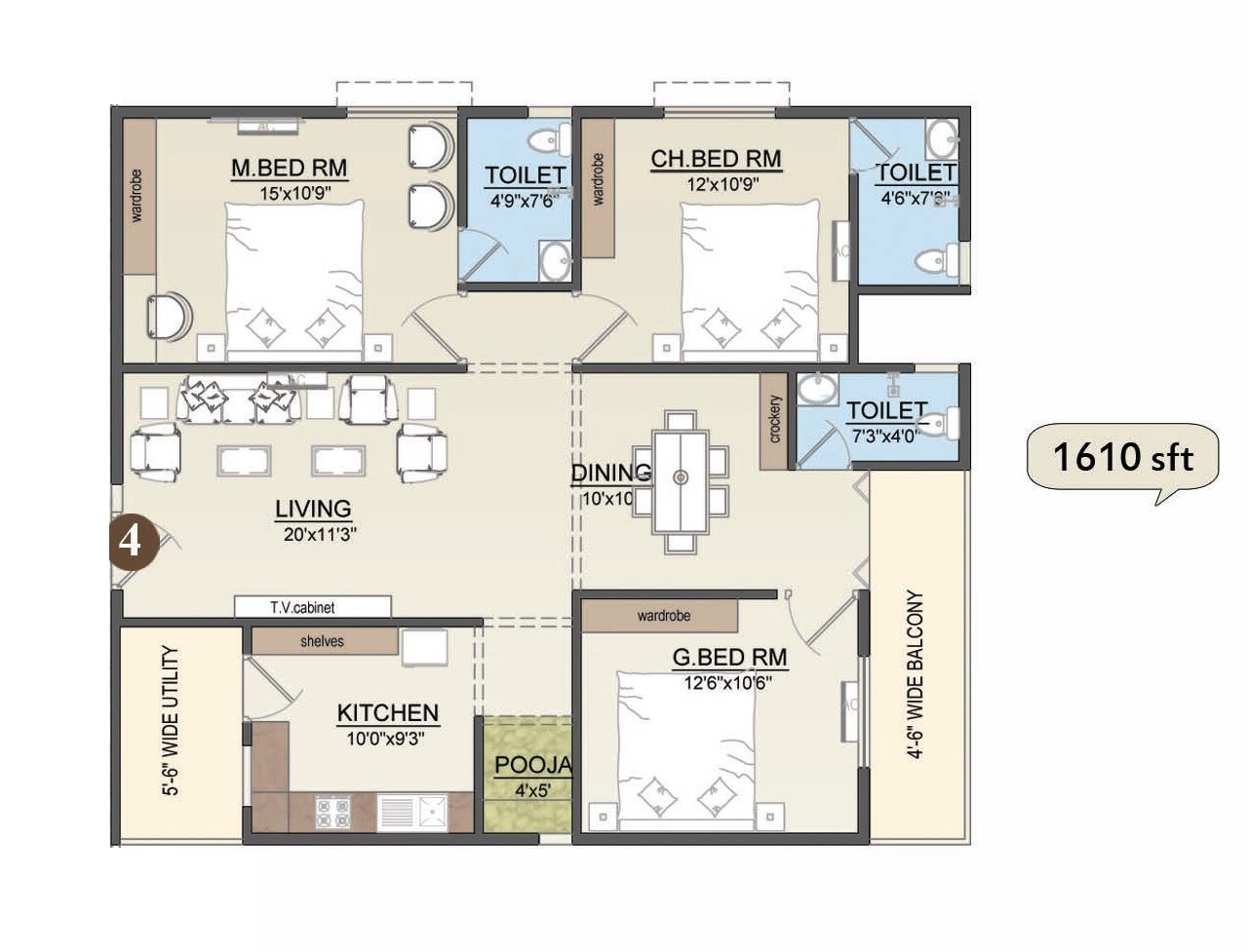 Floor plan of 3 BHK 1610 Sq. Ft. Apartment in SRC Dwarakamayee, Vizag