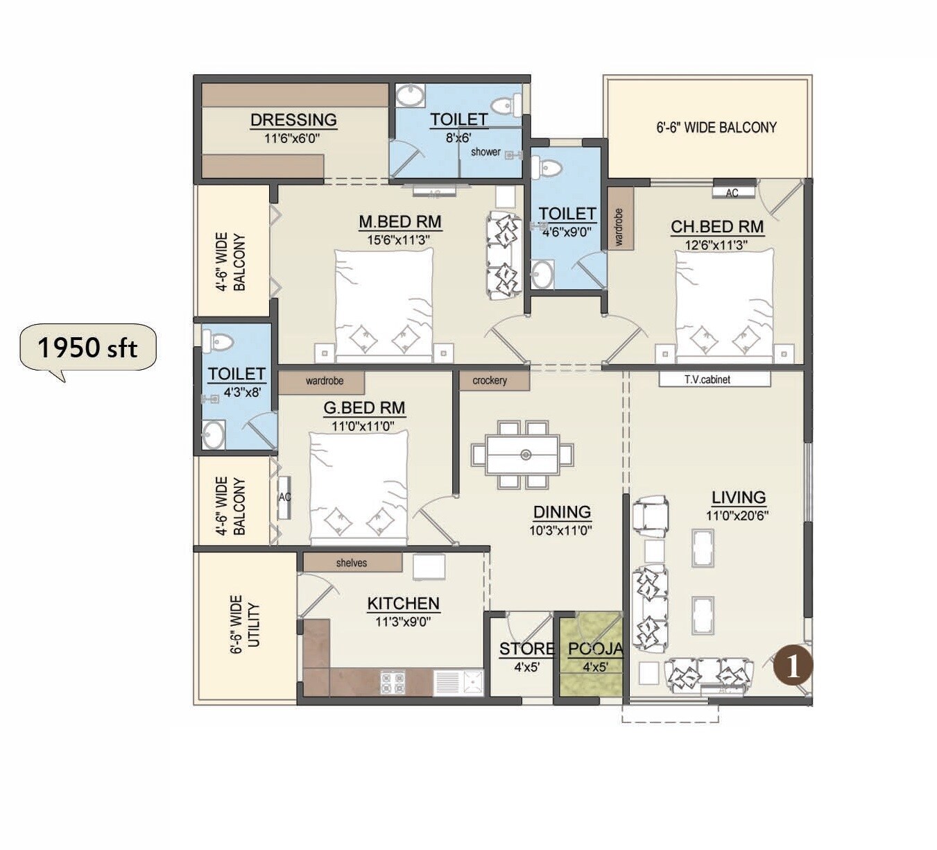 3 BHK 1950 Sq. Ft. Apartment