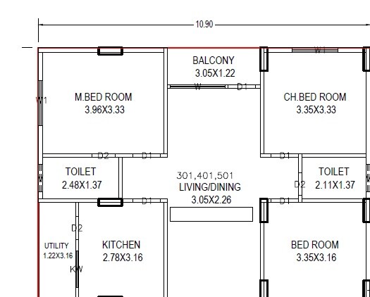 Floor plan of 3 BHK 1235 Sq. Ft. Apartment in Sree Gahan Vihar, Vizag