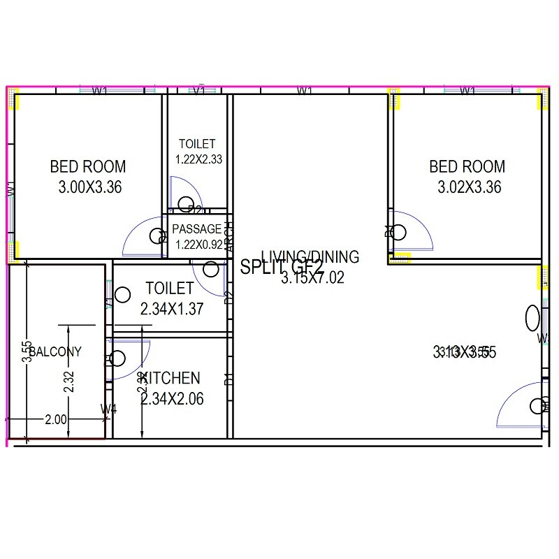 Floor plan of 2 BHK 1114 Sq. Ft. Apartment in Sree Sks Sun Rise Homes, Vizag