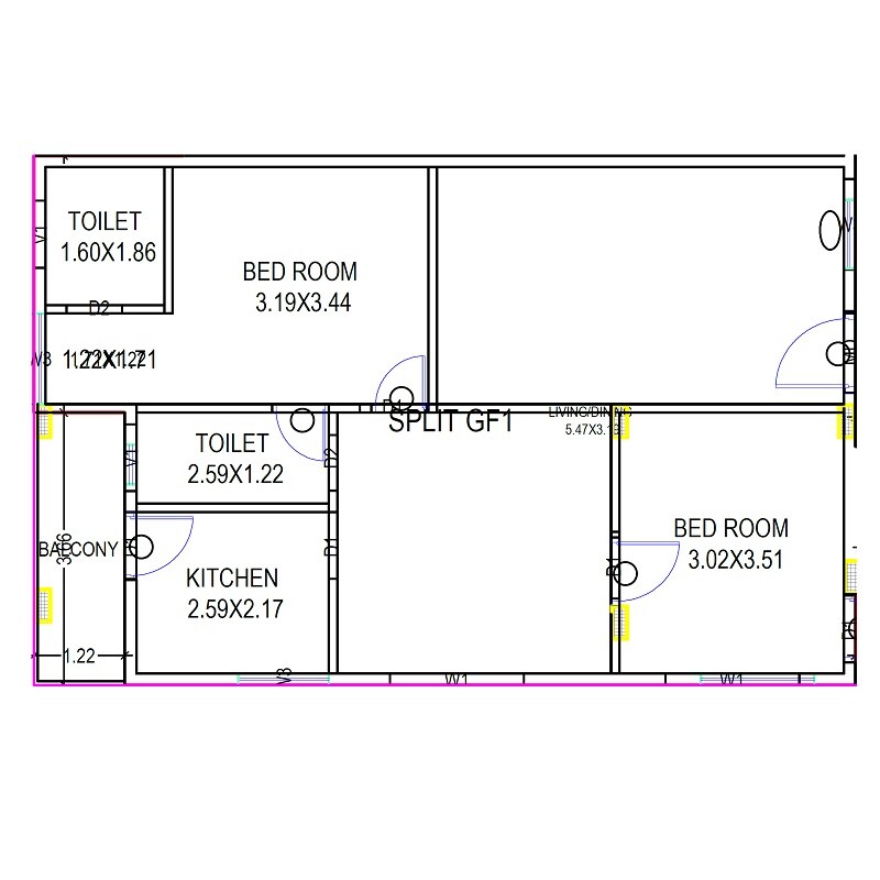 Floor plan of 2 BHK 1150 Sq. Ft. Apartment in Sree Sks Sun Rise Homes, Vizag