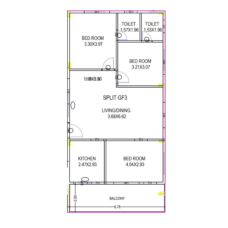 Floor plan of 3 BHK 1414 Sq. Ft. Apartment in Sree Sks Sun Rise Homes, Vizag