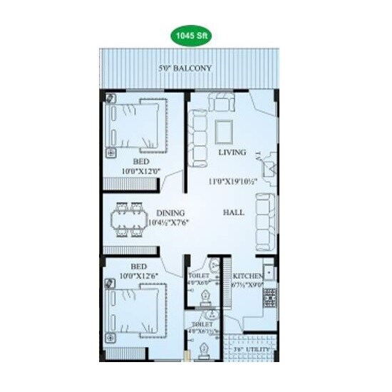 Floor plan of 2 BHK Apartment - 1045 sq. ft. in Sreemitra Siri Heights, Vizag