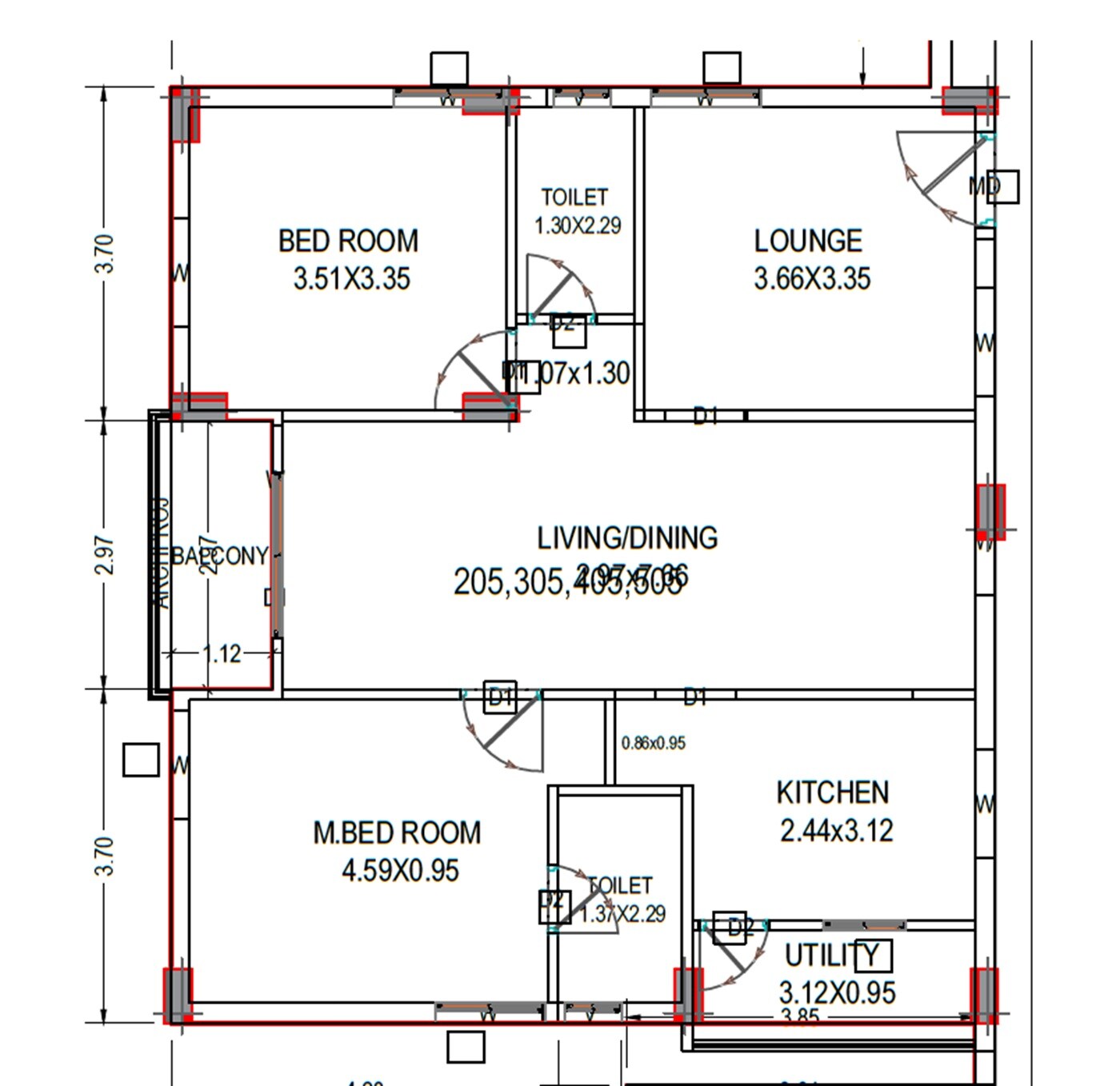 Floor plan of 2 BHK 1350 Sq. Ft. Apartment in Sri Aryan Abode, Vizag