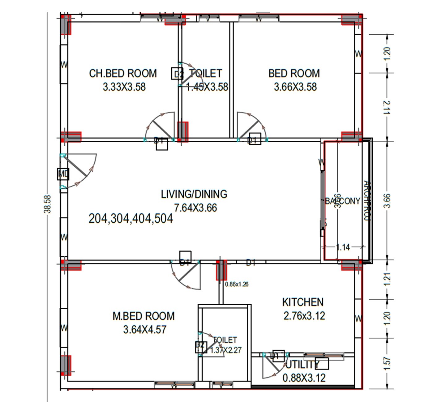 Floor plan of 3 BHK 1515 Sq. Ft. Apartment in Sri Aryan Abode, Vizag