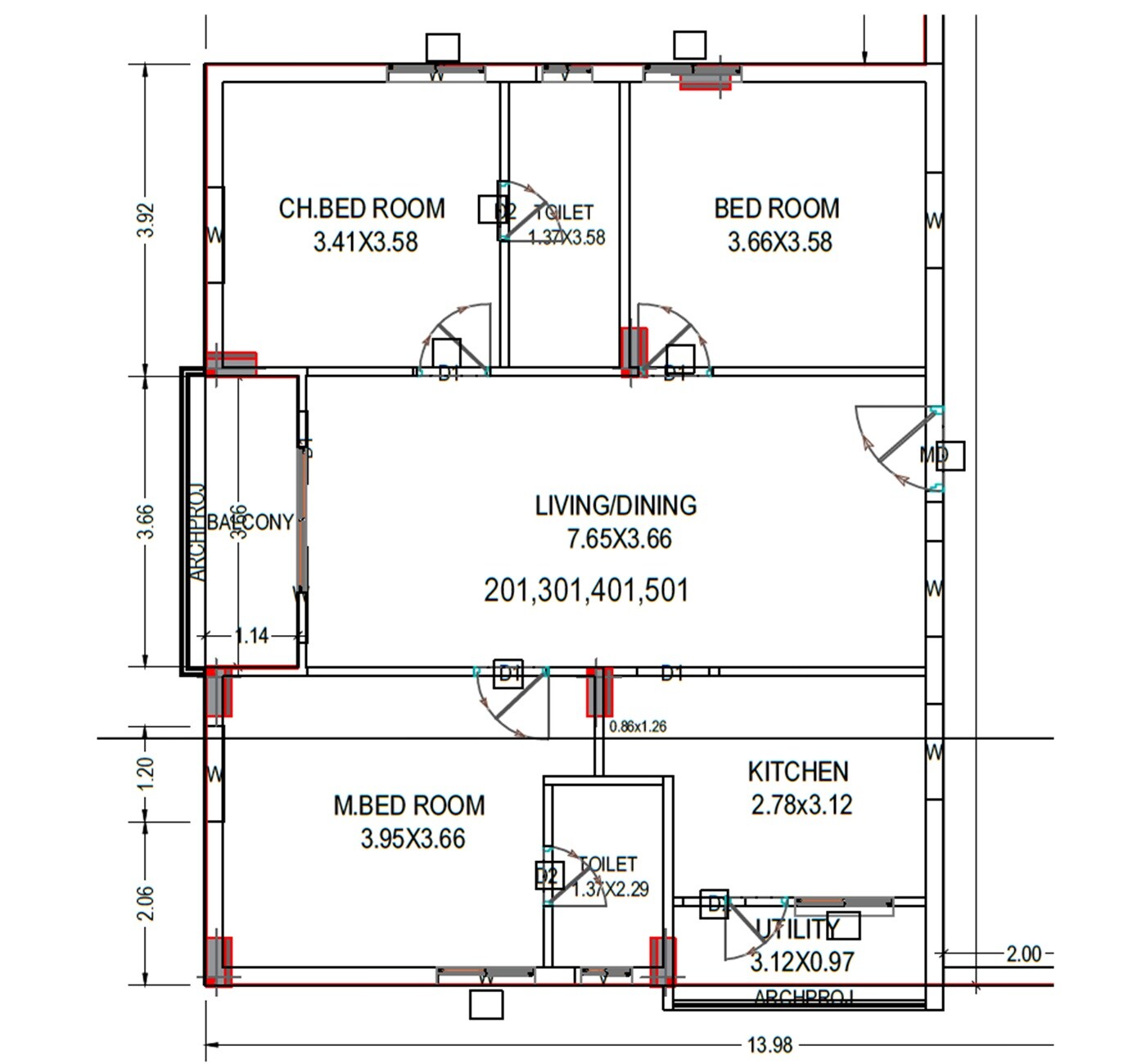 Floor plan of 3 BHK 1640 Sq. Ft. Apartment in Sri Aryan Abode, Vizag