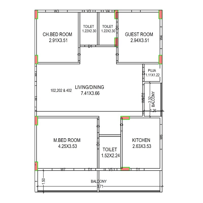 Floor plan of 3 BHK 1700 Sq. Ft. Apartment in Sri Kanaka Durga Residency, Vizag