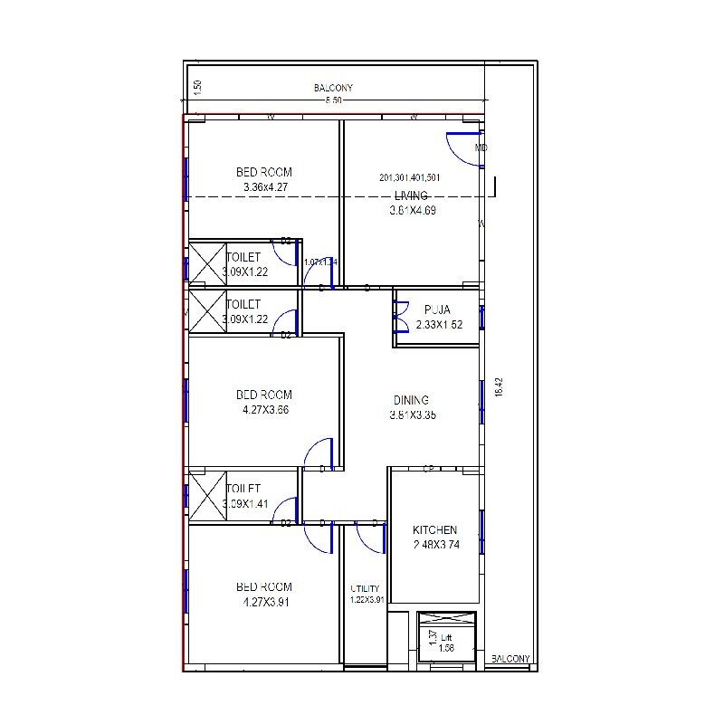 Floor plan of 3 BHK 1757 Sq. Ft. Apartment in Sri Krishna Residency, Vizag