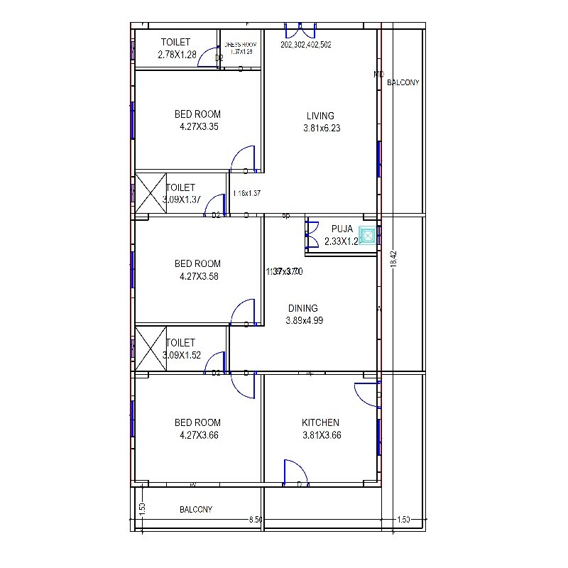 Floor plan of 3 BHK 1781 Sq. Ft. Apartment in Sri Krishna Residency, Vizag