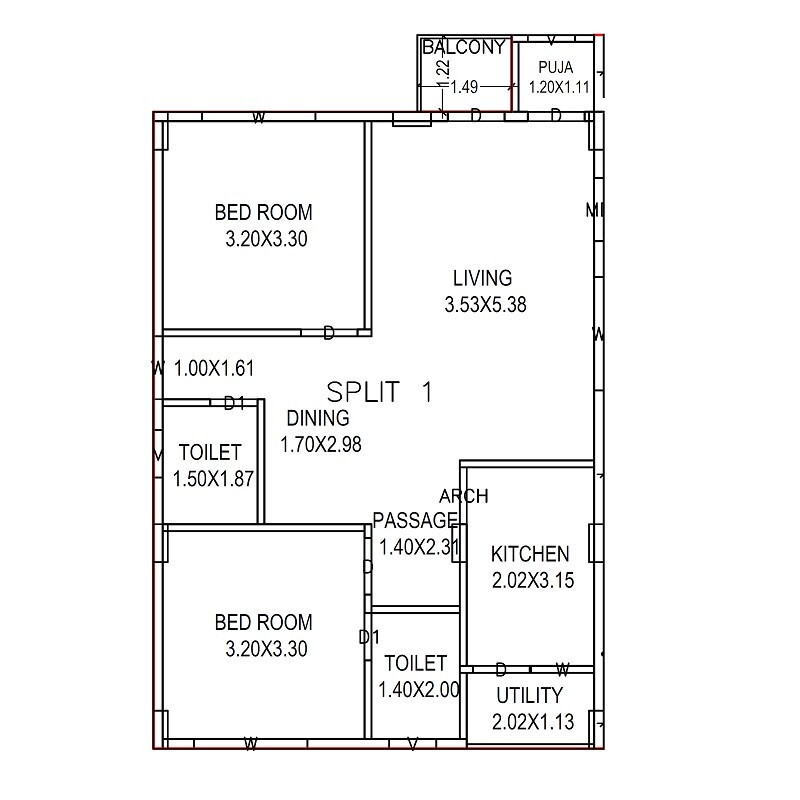 Floor plan of 2 BHK 1186 Sq. Ft. Apartment in Sri Lakshmi Kuteer, Vizag