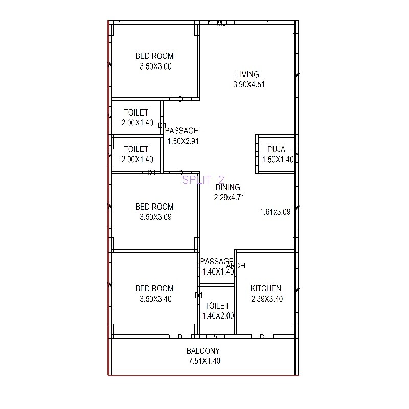 Floor plan of 2 BHK Apartment - 1005 sq. ft. in Sri Lakshmi Narasimha Kuteer, Vizag