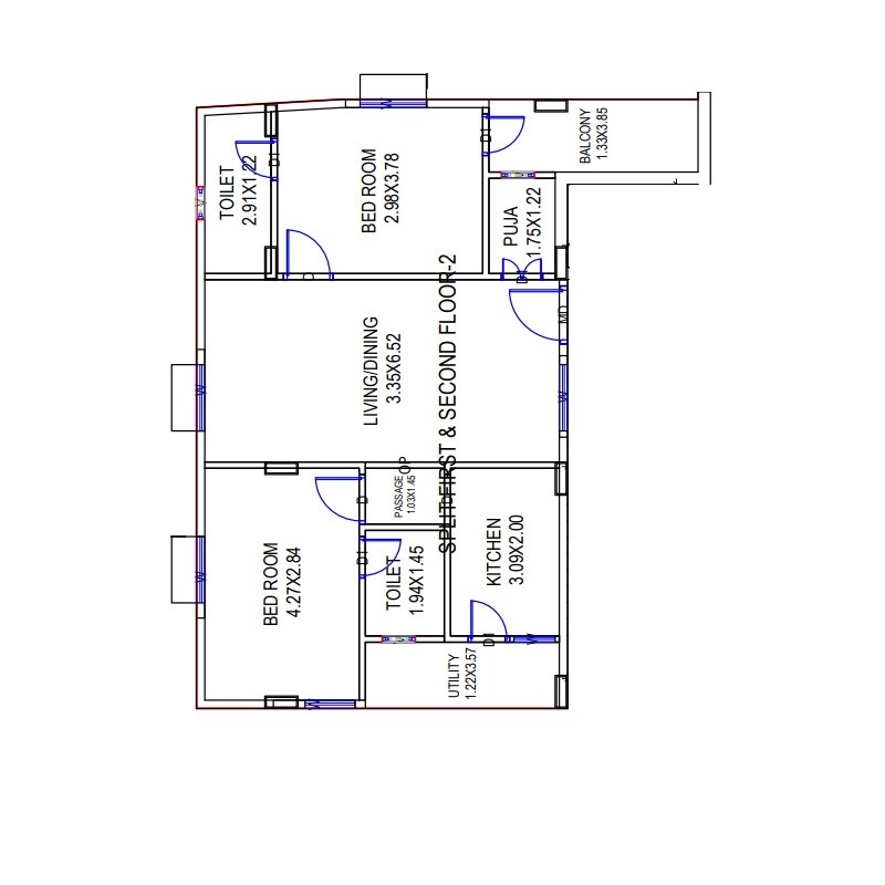 Floor plan of 2 BHK 1135 Sq. Ft. Apartment in Sri Majestic Heights, Vizag