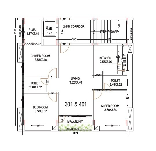 Floor plan of 3 BHK Apartment - 1032 sq. ft. in Sri Mohana Krishna Enclave, Vizag