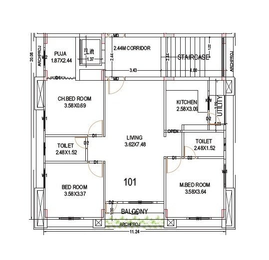 Floor plan of 3 BHK Apartment - 968 sq. ft. in Sri Mohana Krishna Enclave, Vizag