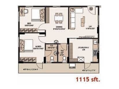 Floor plan of 2 BHK 1115 Sq. Ft. Apartment in Sri Nivasam Apartments, Vizag