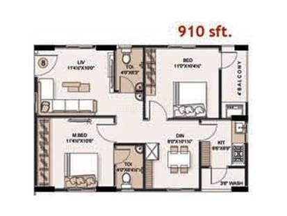 Floor plan of 2 BHK 910 Sq. Ft. Apartment in Sri Nivasam Apartments, Vizag