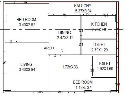 Floor plan of 2 BHK 985 Sq. Ft. Apartment in Sri Sai Srinivasa Royal Paradise, Vizag
