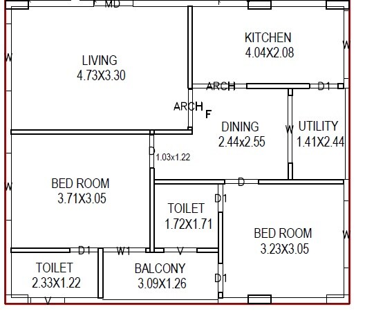 Floor plan of 2 BHK 1085 Sq. Ft. Apartment in Sri Sai Srinivasa Royal Paradise, Vizag