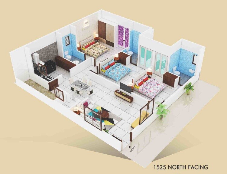 Floor plan of 3 BHK 1525 Sq. Ft. Apartment in Sri Sai Surya Nivasam, Vizag