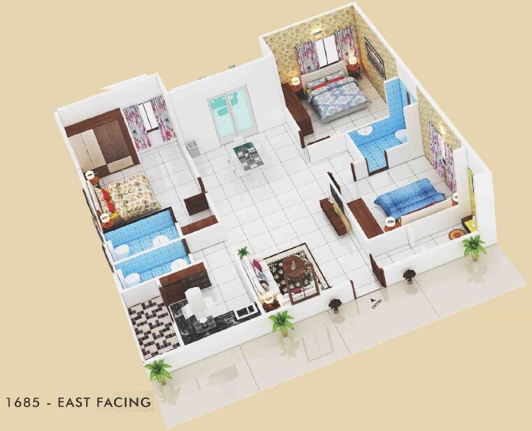 Floor plan of 3 BHK 1685 Sq. Ft. Apartment in Sri Sai Surya Nivasam, Vizag