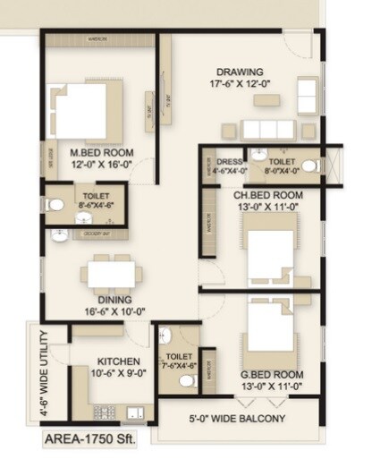 Floor plan of 3 BHK Apartment - 1750 sq. ft. in Sri Sky Gardens, Vizag