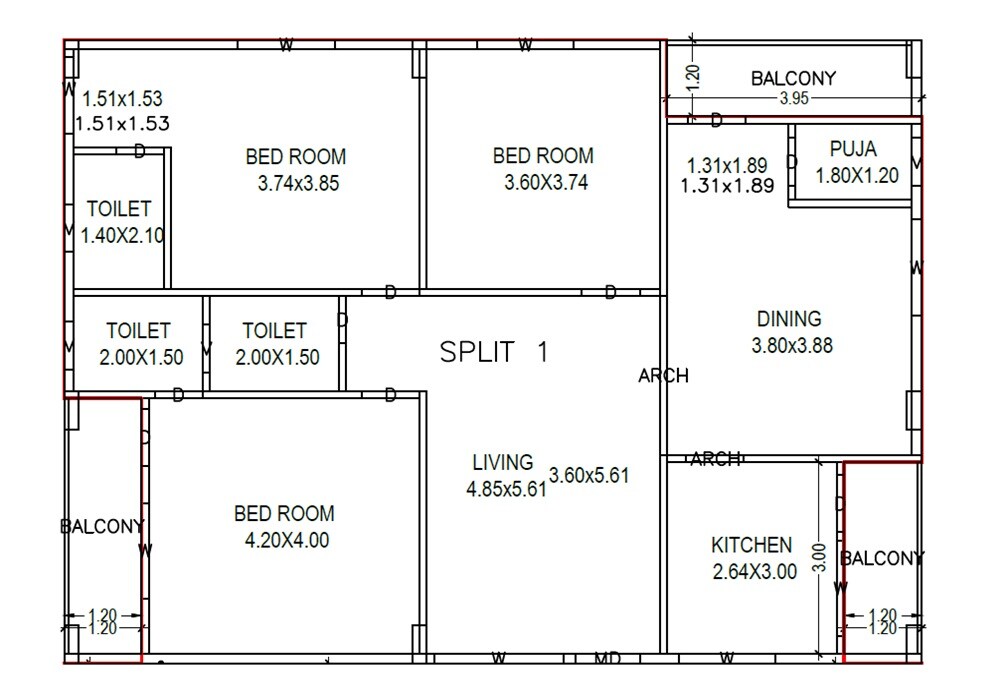Floor plan of 3 BHK 1950 Sq. Ft. Apartment in Sri Suravarapu Abodes, Vizag