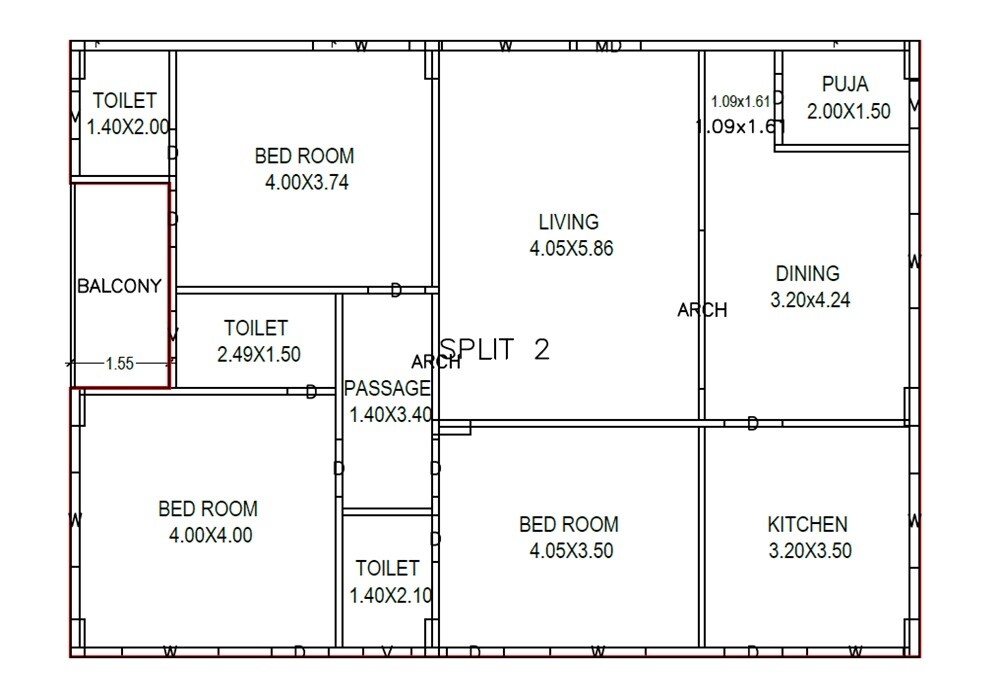 Floor plan of 3 BHK 2215 Sq. Ft. Apartment in Sri Suravarapu Abodes, Vizag