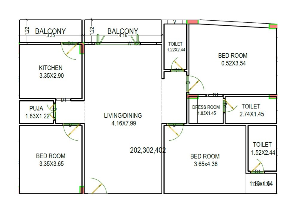 Floor plan of 3 BHK 1865 Sq. Ft. Apartment in Sri Vigneswara Narasimha Heights, Vizag
