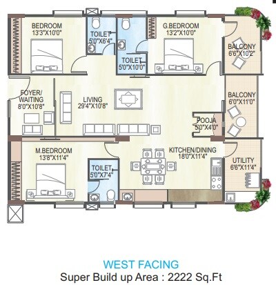 Floor plan of 3 BHK 2222 Sq. Ft. Apartment in Sri Yaduvamsi Ananda Dhamam, Vizag
