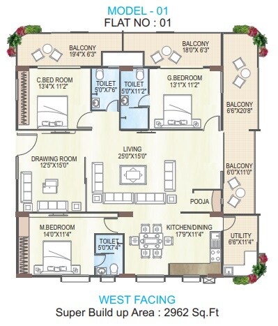 Floor plan of 3 BHK 2962 Sq. Ft. Apartment in Sri Yaduvamsi Ananda Dhamam, Vizag