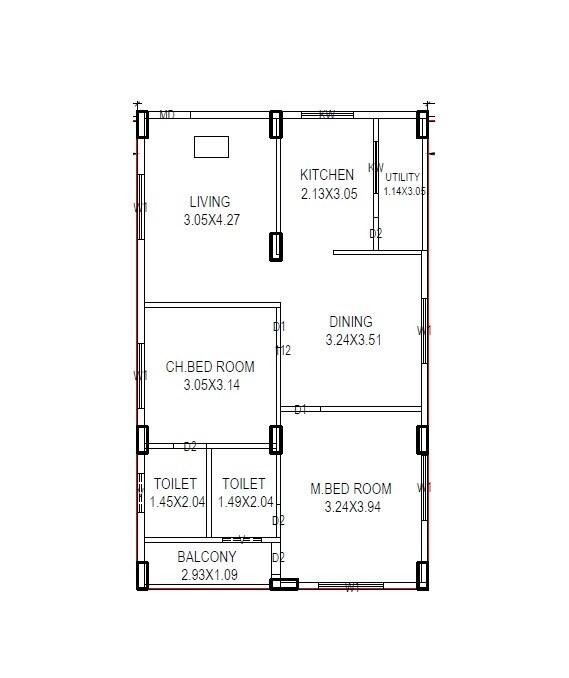 Floor plan of 2 BHK 613 Sq. Ft. Apartment in Srirama Prime, Vizag