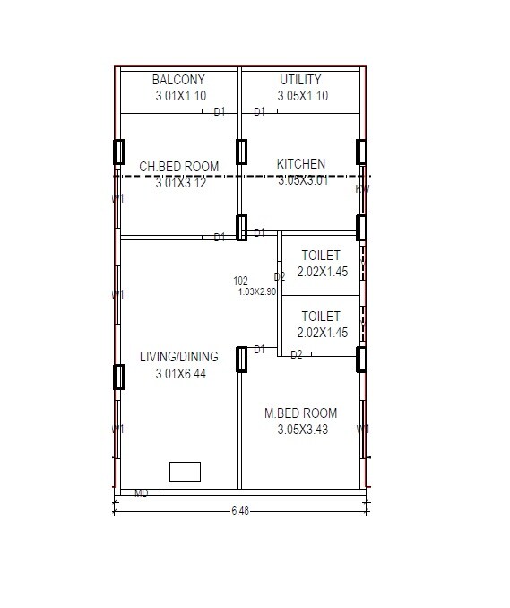 Floor plan of 2 BHK 695 Sq. Ft. Apartment in Srirama Prime, Vizag
