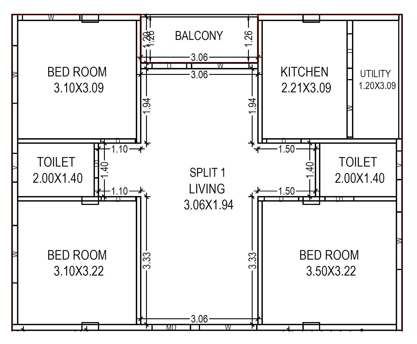 Floor plan of 2 BHK 939 Sq. Ft. Apartment in SS Sai Gowtham Enclave, Vizag