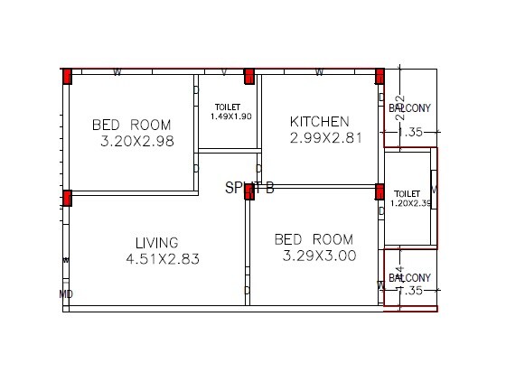 Floor plan of 2 BHK Apartment - 591 sq. ft. in SSR Diamond Castle, Vizag